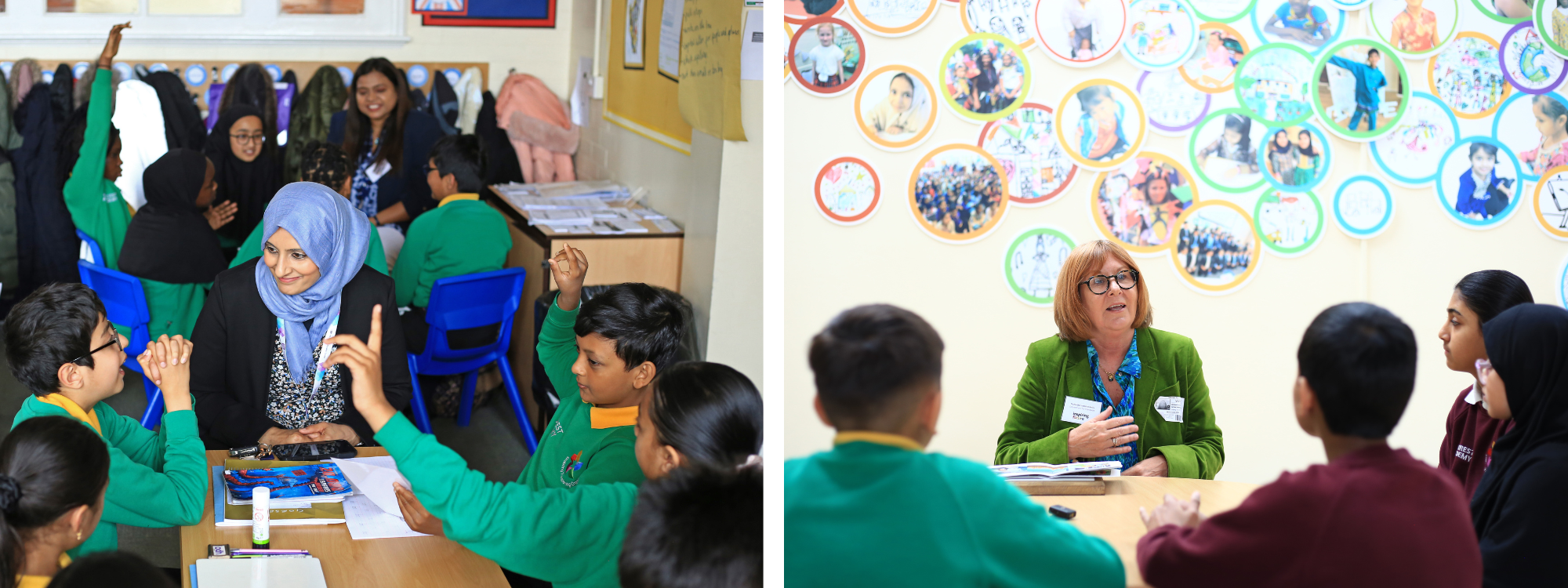 Images of Civil Service volunteers having small group discussions with Primary school students, including Dame Bernadette Kelly