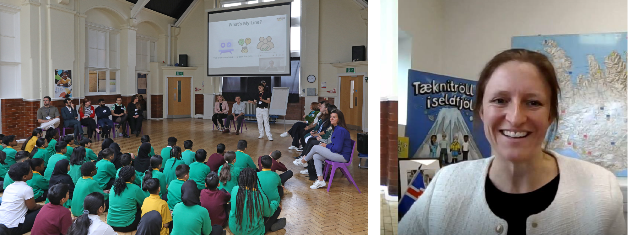 Image of students sat in hall interacting with Inspiring the Future Civil Service volunteers activity. Image of British Ambassador to Iceland, Dr Bryony Mathew