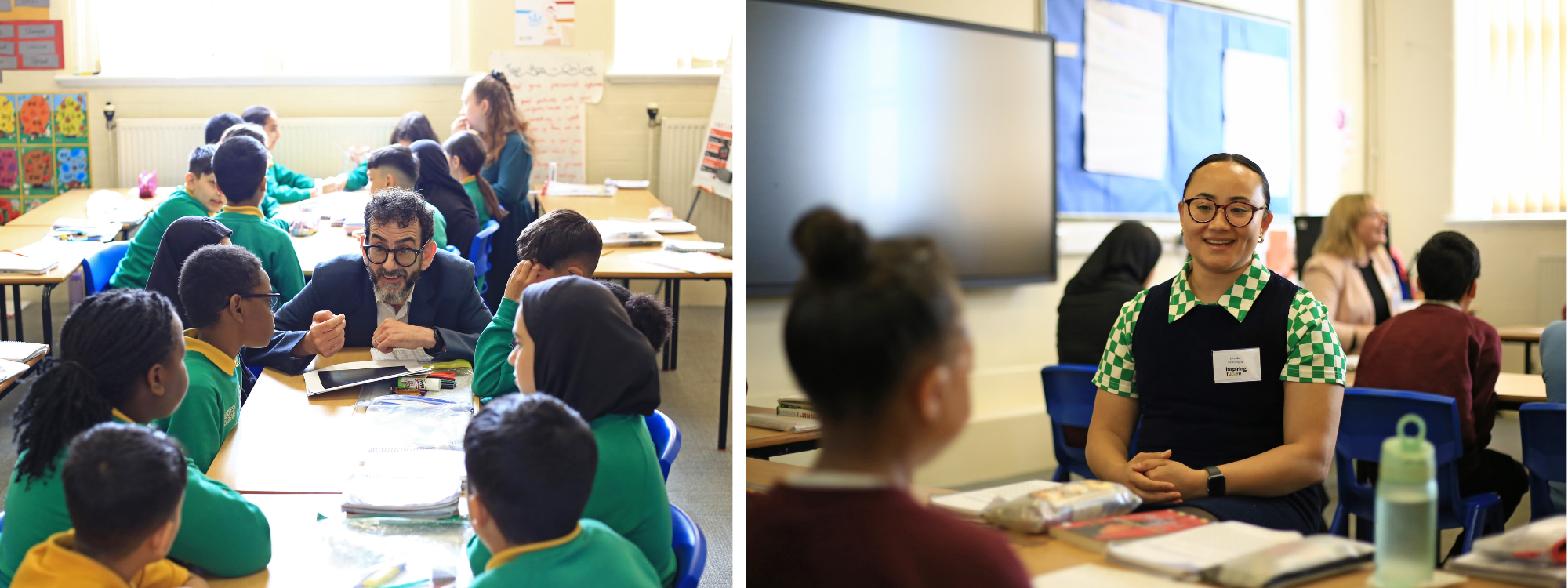 Images of volunteerin Civil Servants having small group discussions with Primary school students