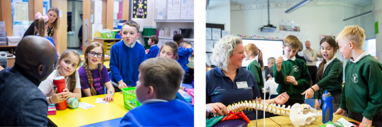 Photos of Inspiring the Future volunteers interacting with primary school ages children.