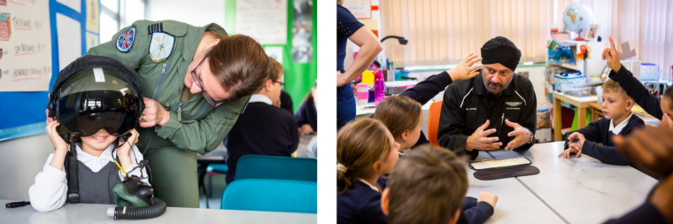 Photos of Inspiring the Future volunteers interacting with primary school ages children.