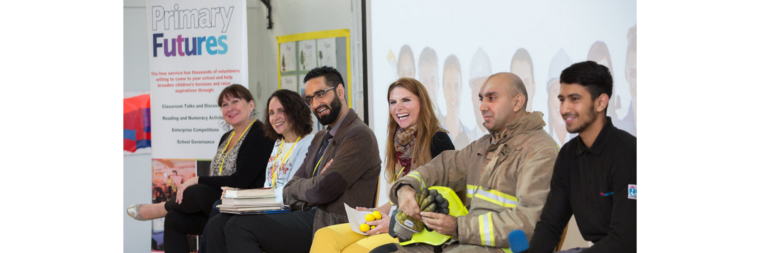 Photos of Inspiring the Future volunteers at a primary school event.