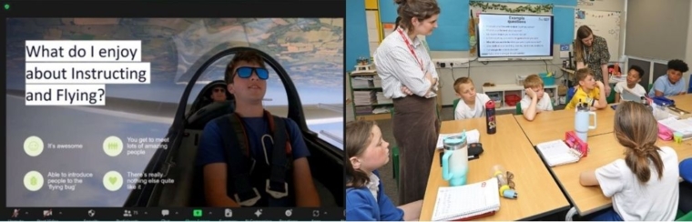 Images showing an in-person careers event in a classroom about aviation, and a virtual event showing a pilot upside down in the cockpit talking about why he enjoys instructing and flying.